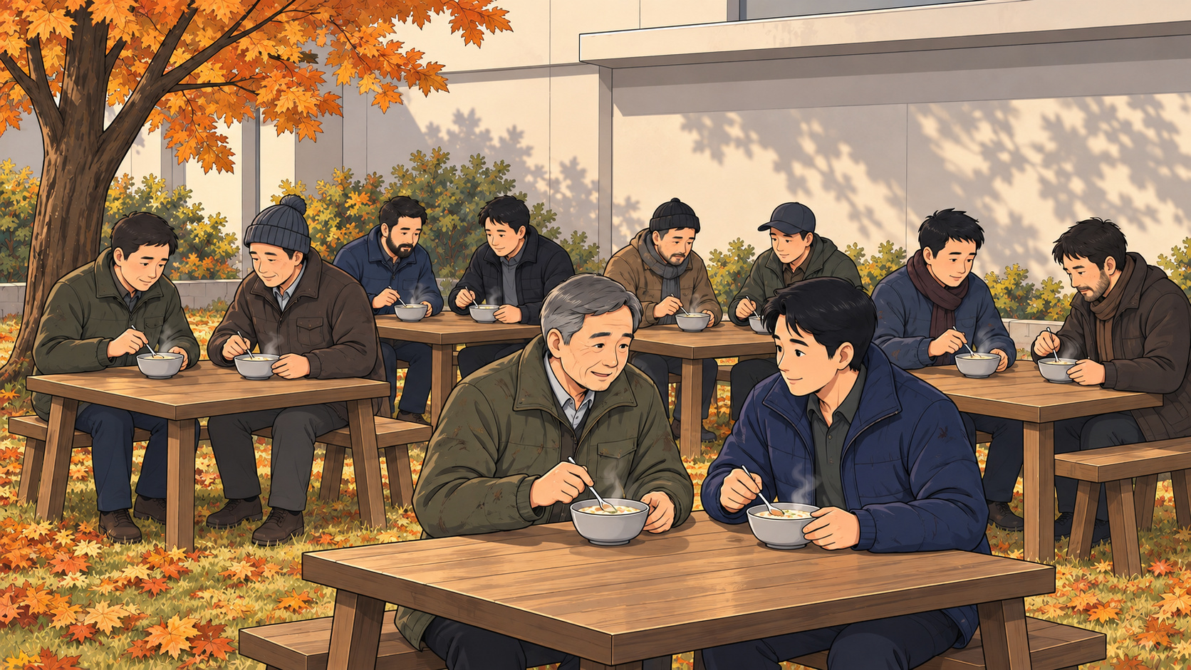 가을 마당의 여러 식탁에서 많은 남자가 그릇을 앞에 두고 밥을 먹는 장면