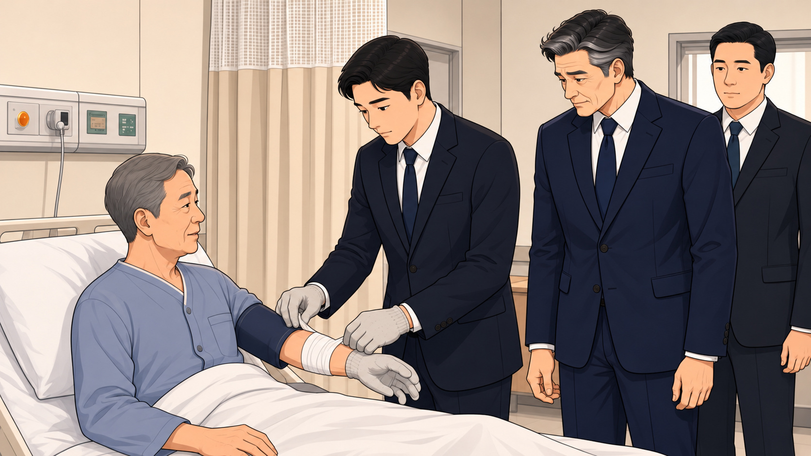 병실에서 정장에 장갑을 낀 남자가 붕대를 감은 아저씨 곁에 있고 뒤에 양복 차림의 두 사람이 서 있는 장면