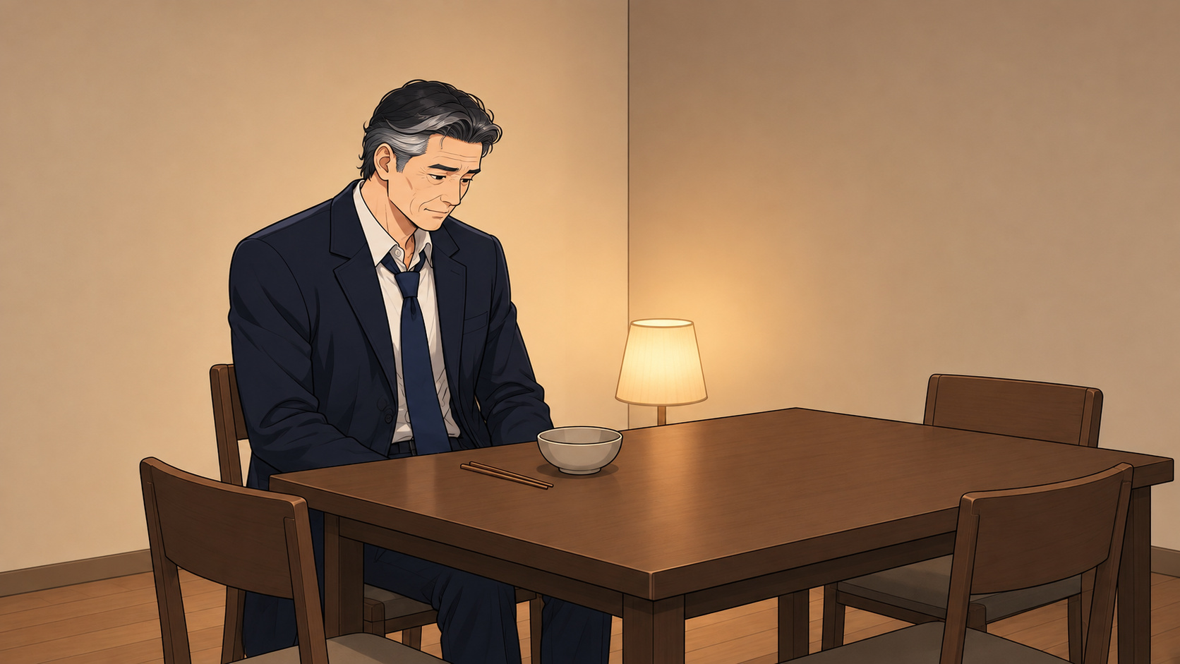 빈 의자가 놓인 식탁에 그릇 하나만 있고 은빛 옆머리의 남자가 혼자 앉아 있는 장면