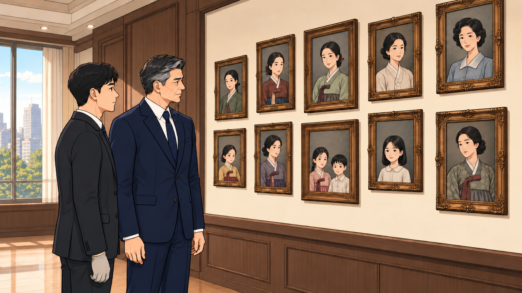 서재 벽에 여러 시대의 초상화가 걸려 있고 양복 차림의 두 남자가 그림을 보는 장면