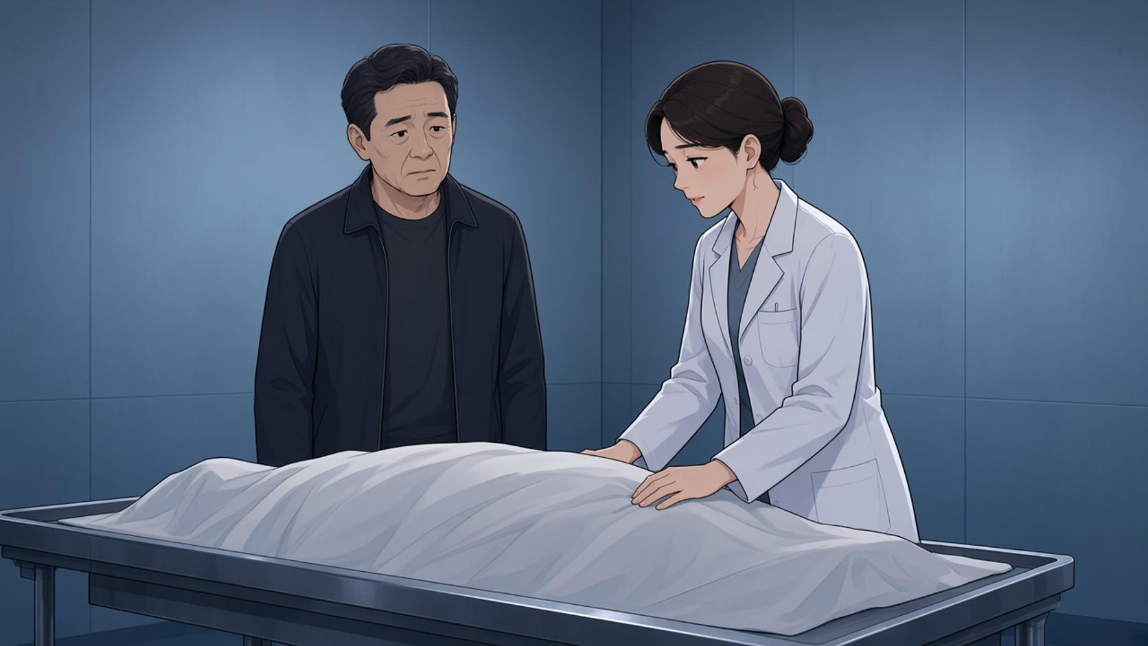 안치실에서 의사 가운의 여자가 천으로 덮인 몸 위에 손을 얹고 옆에 남자가 서 있는 장면