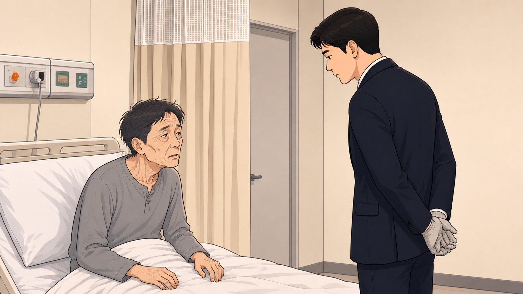 침대에 누운 수척한 남자가 양복에 장갑을 낀 남자를 알아보지 못하는 장면