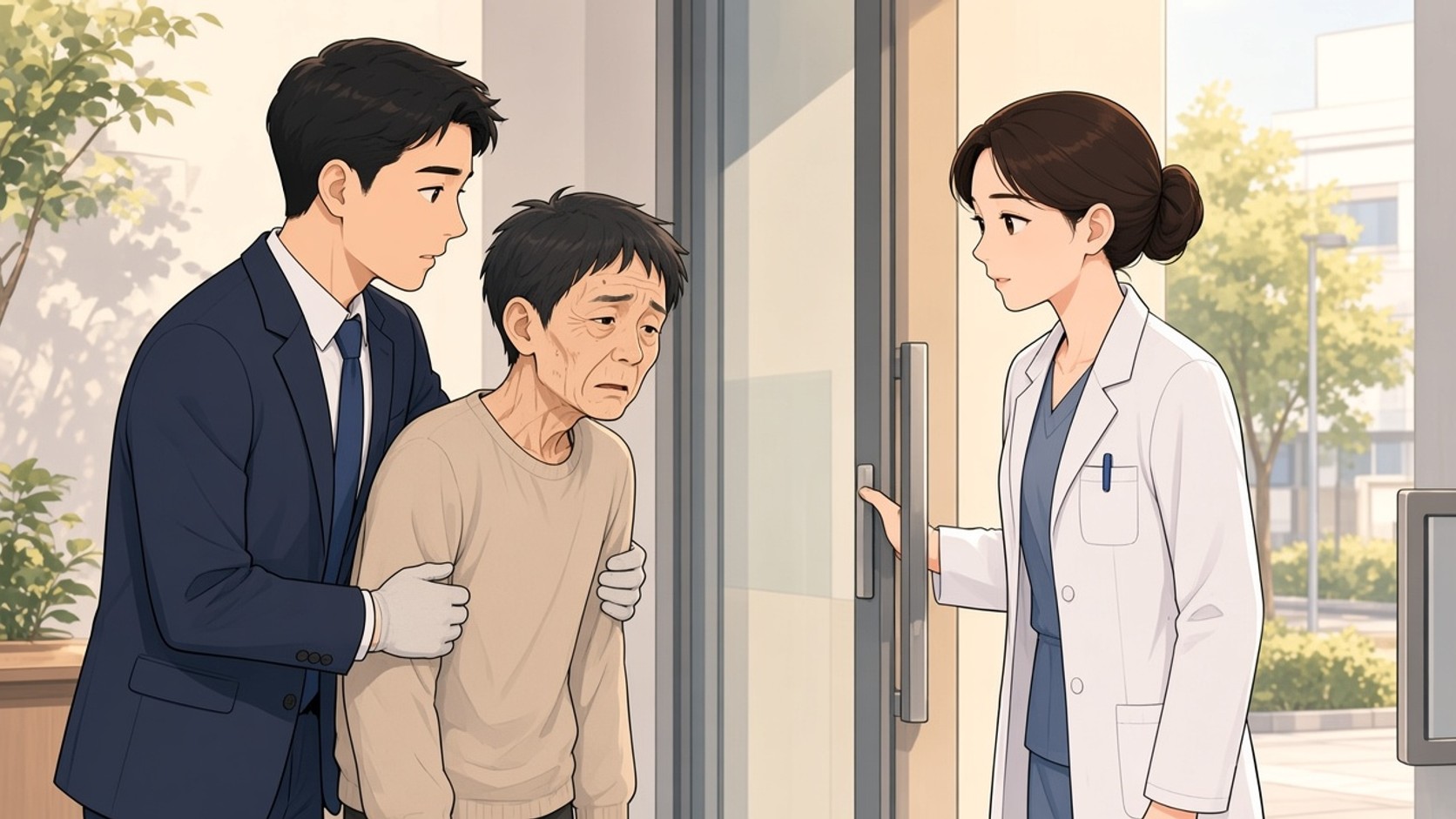 병원 문 앞에서 의사 가운의 여자가 서 있고 양복 입은 남자가 얇은 형을 부축하는 장면
