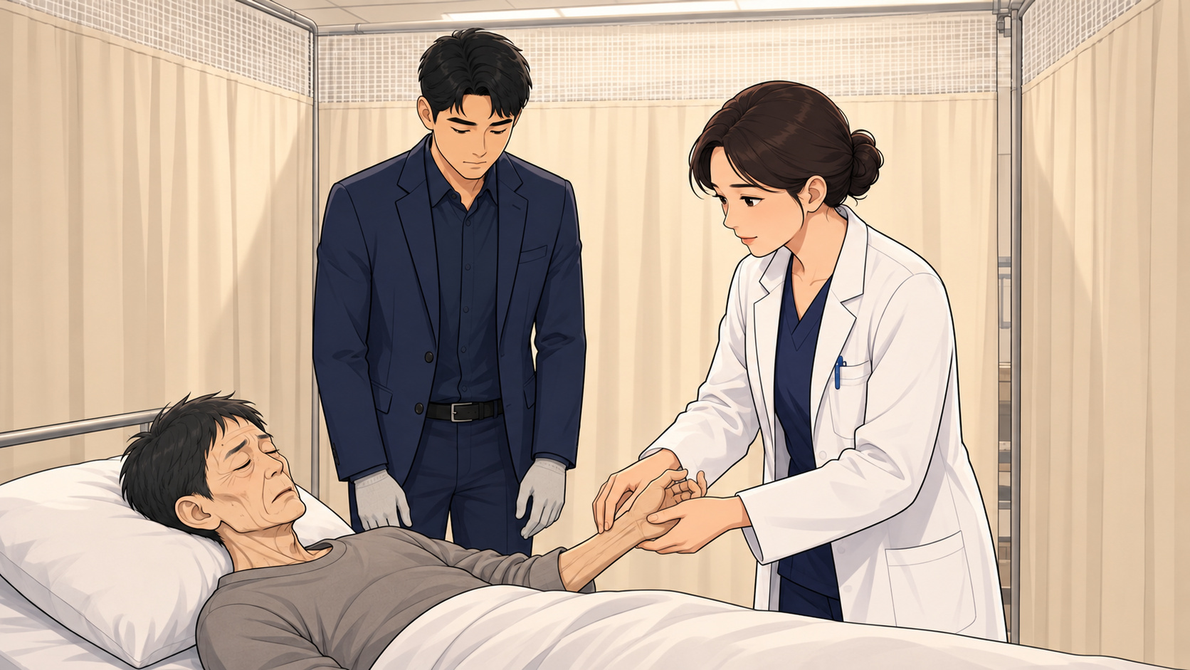 커튼이 쳐진 진료실에서 의사 가운의 여자가 누운 남자의 손목을 잡고 장갑 낀 남자가 물러서 있는 장면