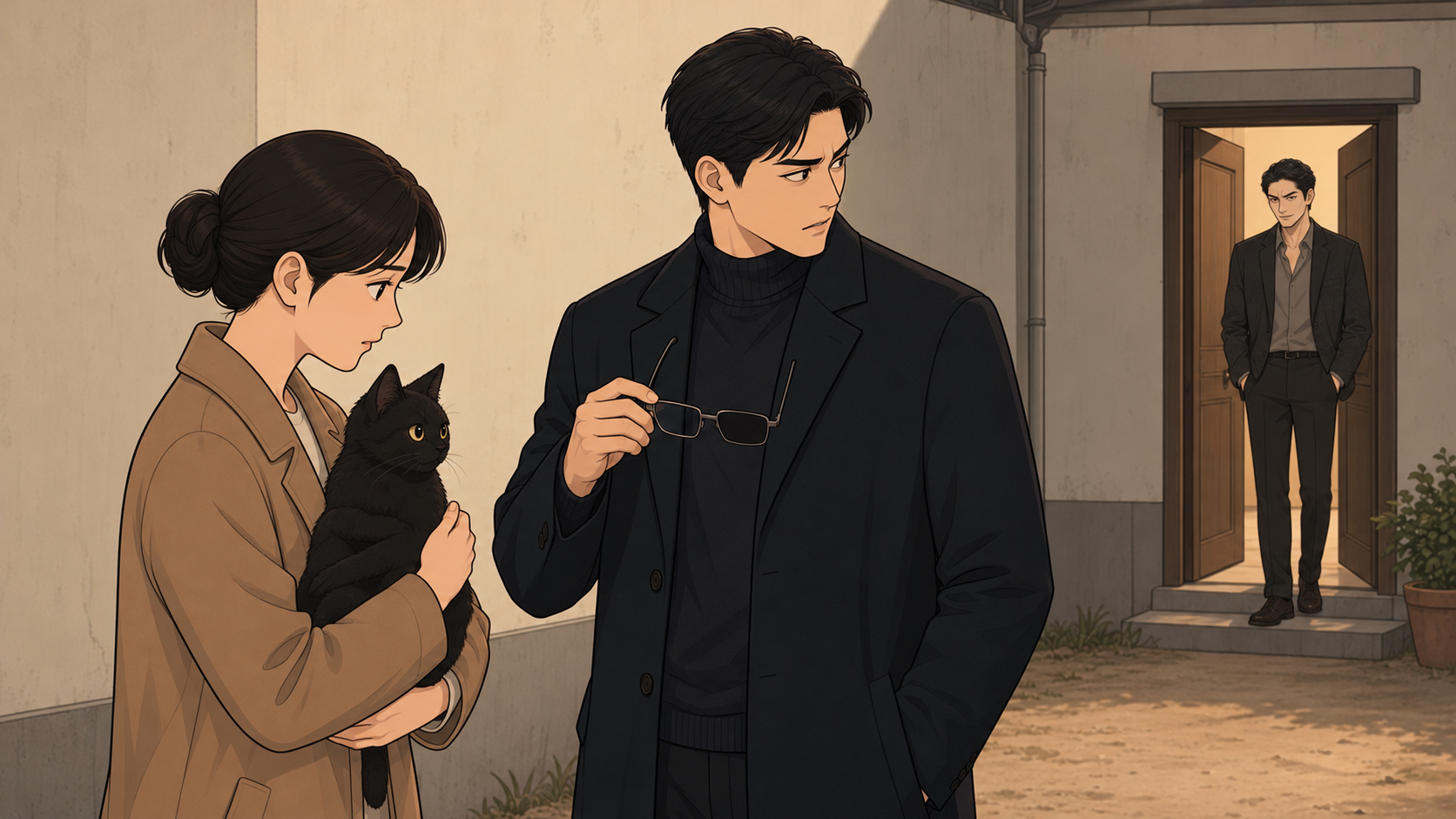 담 밖에서 머리 묶은 여자가 검은 고양이를 안고 남자가 안경을 내린 채 문 안쪽을 보는 장면