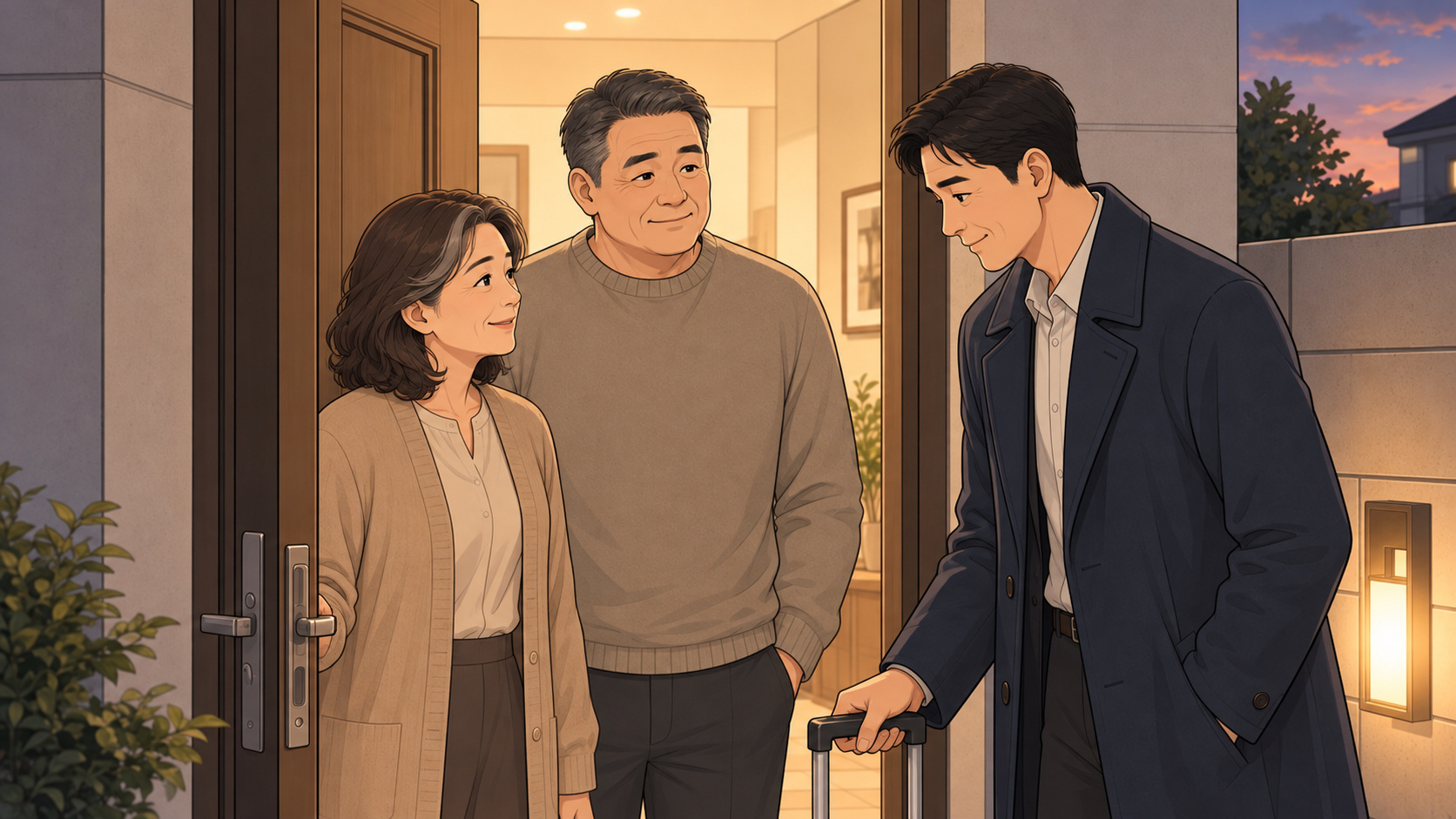 집 문 앞에서 나이 든 부부가 여행 가방을 든 남자를 맞는 장면