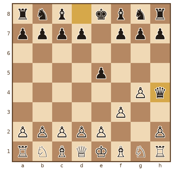 1. f3 e5 2. g4 Qh4#. h4 퀸이 백 킹을 체크메이트한다