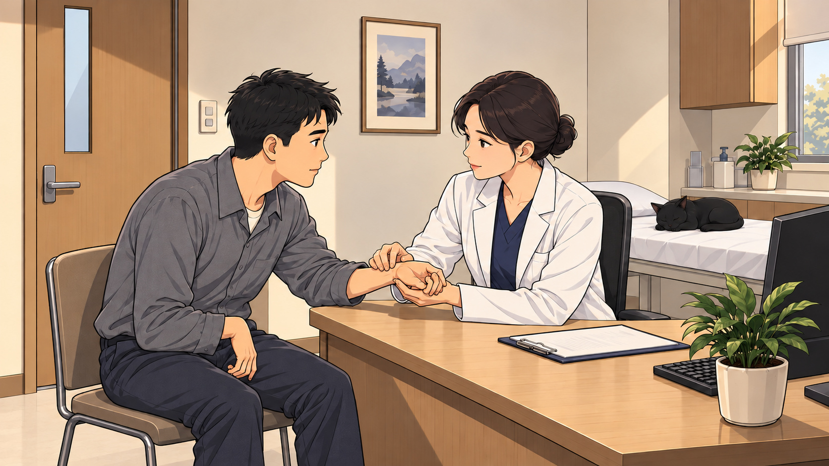 한의원 진료실에서 의사 가운을 입은 여자가 남자의 손목을 잡고 있고 침대 위 검은 고양이가 눈을 감고 있는 장면