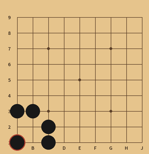 흑 A1, 백 B1, 흑 A1 뒤. 백 세 점이 잡혔다