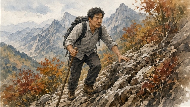 정장 차림으로 도봉산을 오르는 현민
