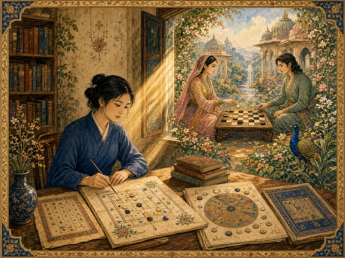 다음 수를 고르는 사람 장면을 인도 세밀화풍으로 그린 삽화