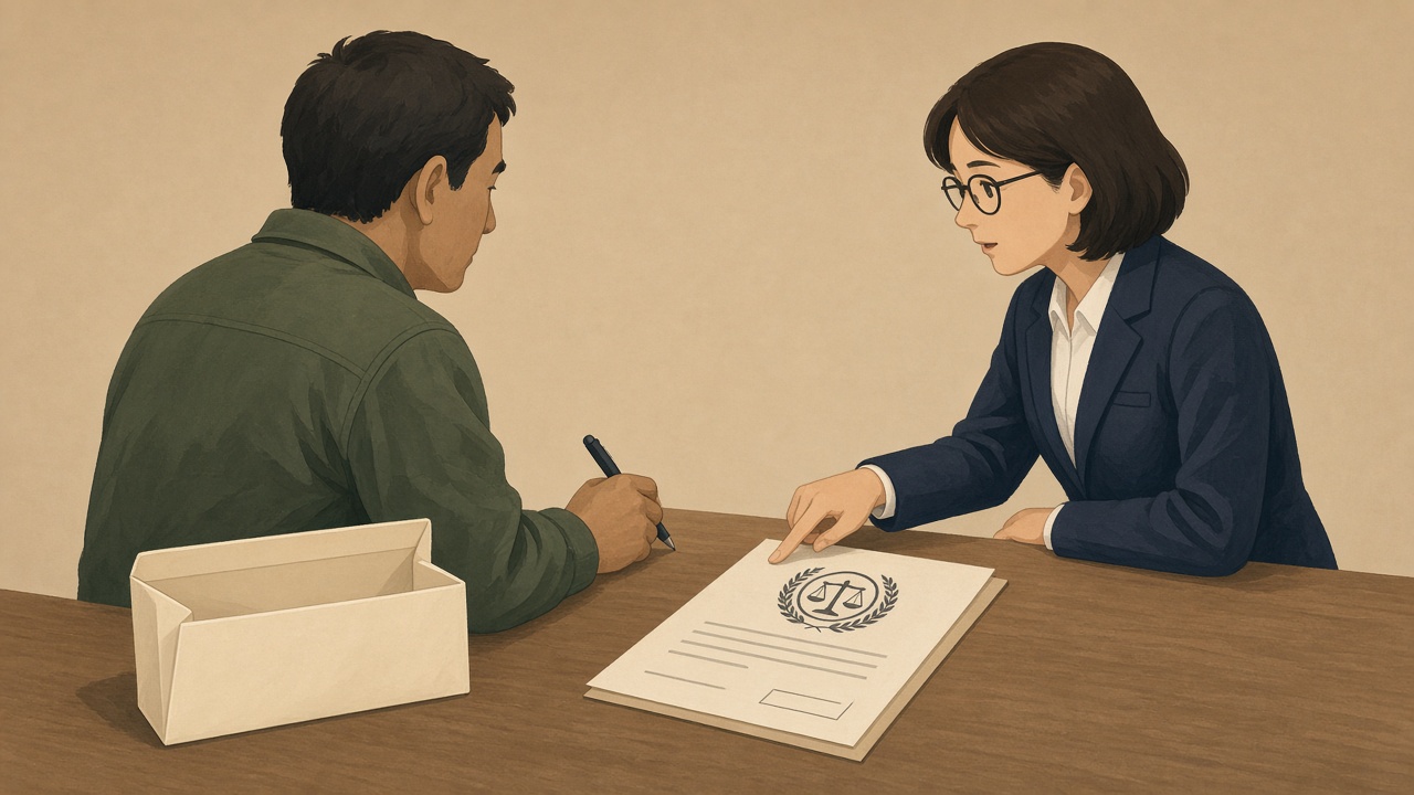 텅 빈 봉투와 서류 앞에서 서명을 망설이는 노동자에게 서류를 설명하는 상담사