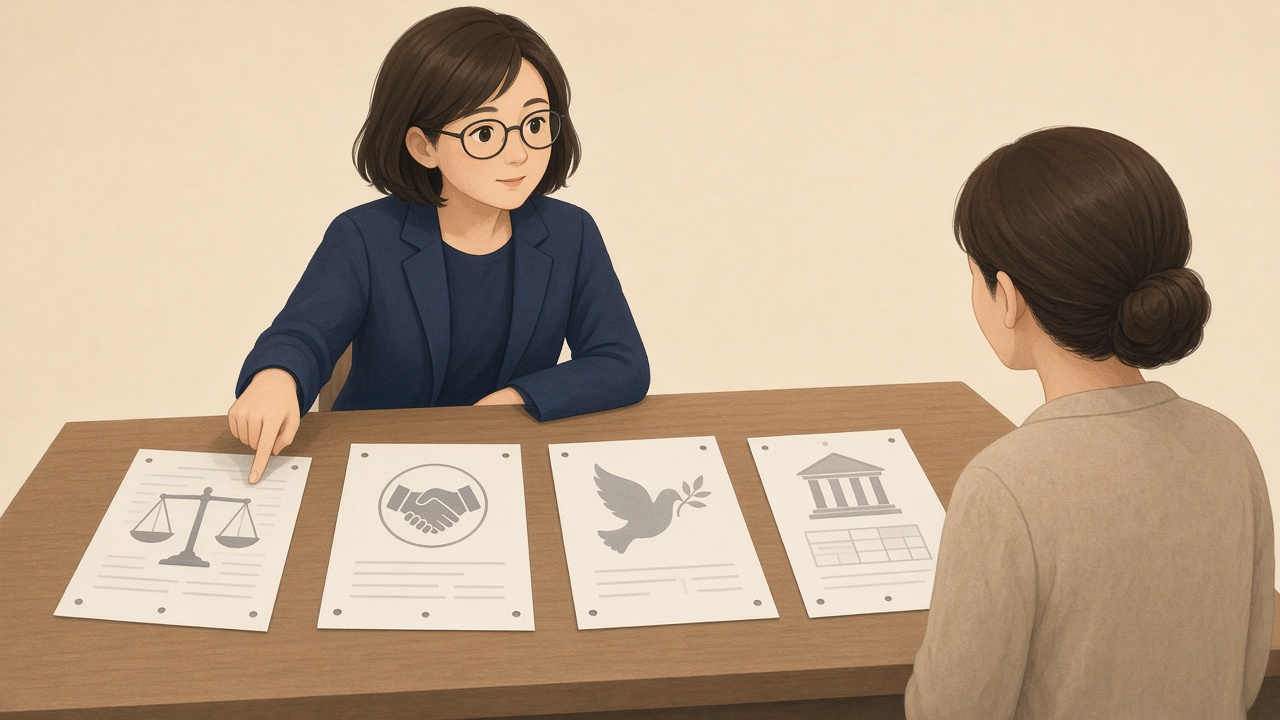 네 종류의 합의 서류를 앞에 두고 유족에게 하나씩 설명하는 주인공