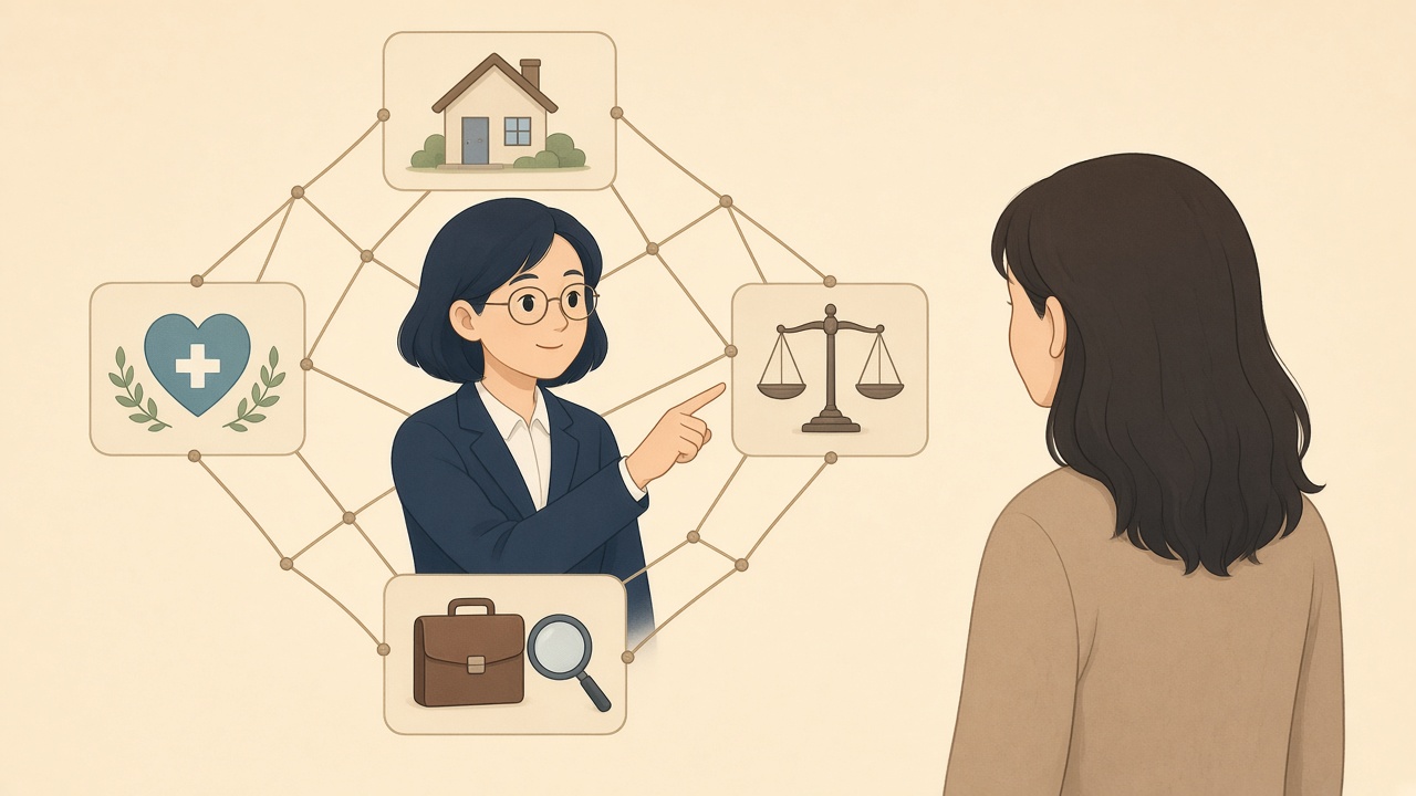 주거·의료·법률·취업 카드를 그물로 연결해 피해자에게 설명하는 주인공