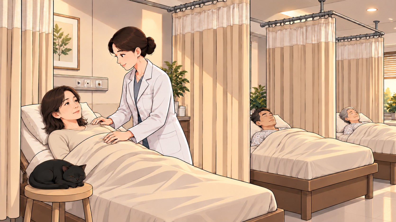 커튼이 침대마다 쳐진 다인실에서 의사 가운을 입은 여자가 누운 여자를 치료하고 검은 고양이가 눈을 감고 있는 장면