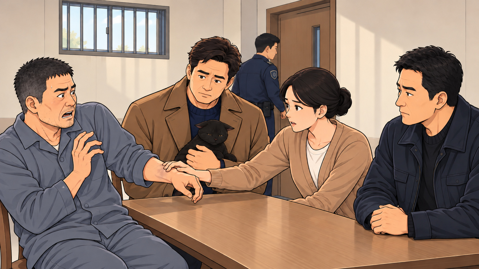 교도소 면회실에서 수의를 입은 남자가 놀란 채로 있고 여자가 그의 팔을 잡으며 검은 고양이를 안은 남자가 앉아 있는 장면
