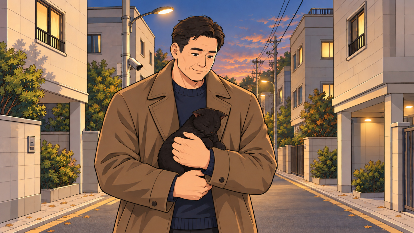건물 사이 골목에서 바바리코트를 입은 남자가 눈을 감고 쉬는 검은 새끼 고양이를 안고 있는 장면