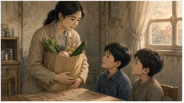두 동생을 위해 장을 봐 온 보람