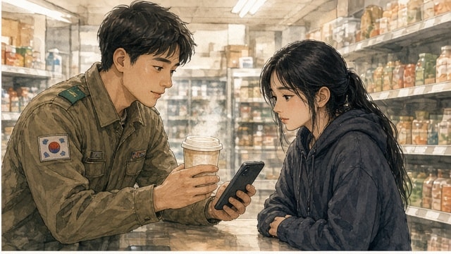 편의점에서 따뜻한 음료와 전화기를 받은 지연