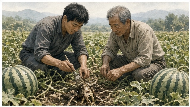 병든 수박 줄기에 약을 바르는 아버지와 아들